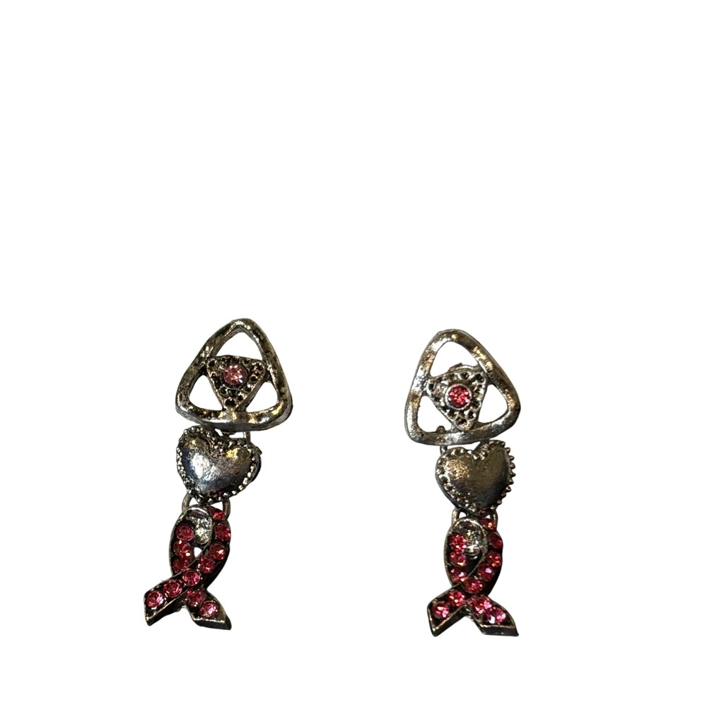 Sydney‎ Andrews Pink Rhinestone Awareness Ribbon Heart Triangle Drop Earrings